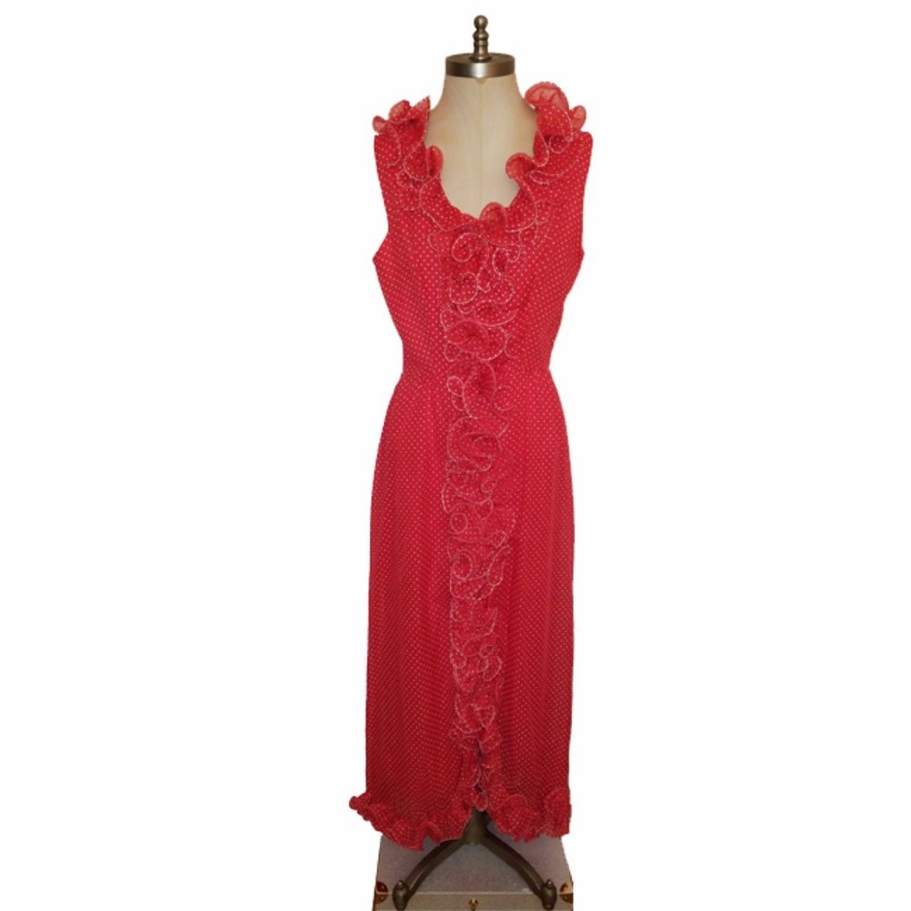 Vtg 70s Elliette Polka Dot Ruffled Gown Dress 12